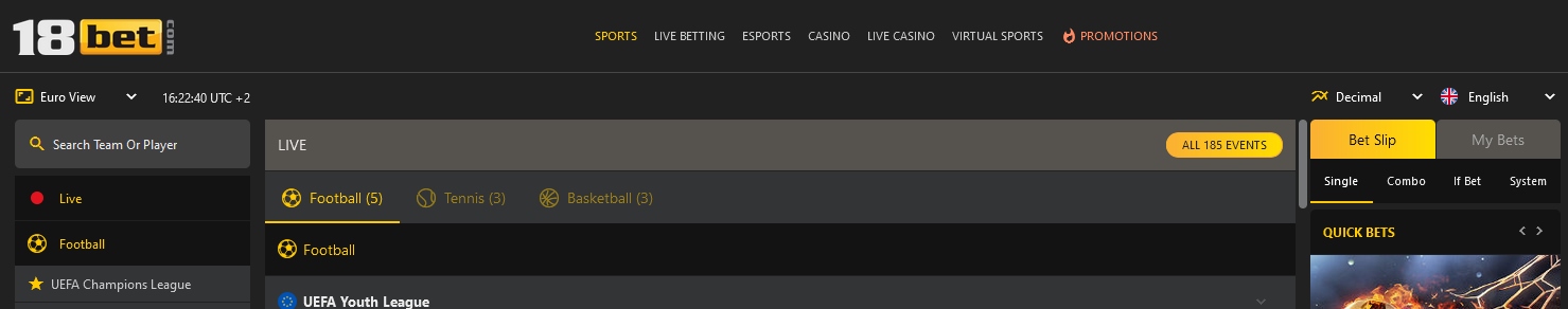 Banner atas situs 18bet